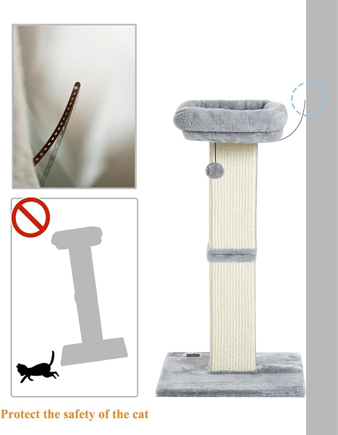 Karolpar 32" Cat Scratching Post for Indoor Cats, Sisal Cat Scratcher with Plush Perch, Large Scratch Post with Bed, Removable Cover, Sisal Fabric,Light Grey | Natural Sisal Cat Scratcher Tower, Large Scratch Post with Bed, Cat Tree with Removable Cover