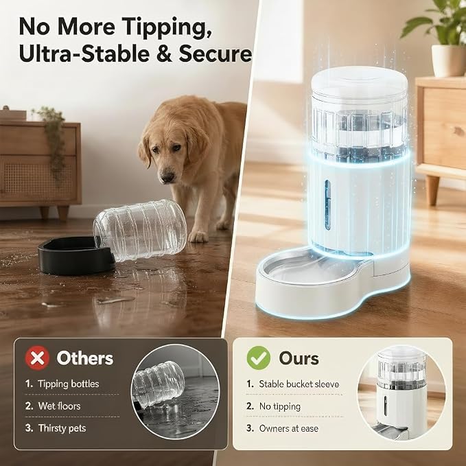 CZPET Dog Water Bowl Dispenser 5L, Wider Mouth Gravity Refilling (White) | Automatic Cat Waterer with Removable Stainless Steel Bowl, Upgraded Brush, Easy Cleaning, Large Drinking Area for Multi-Pet