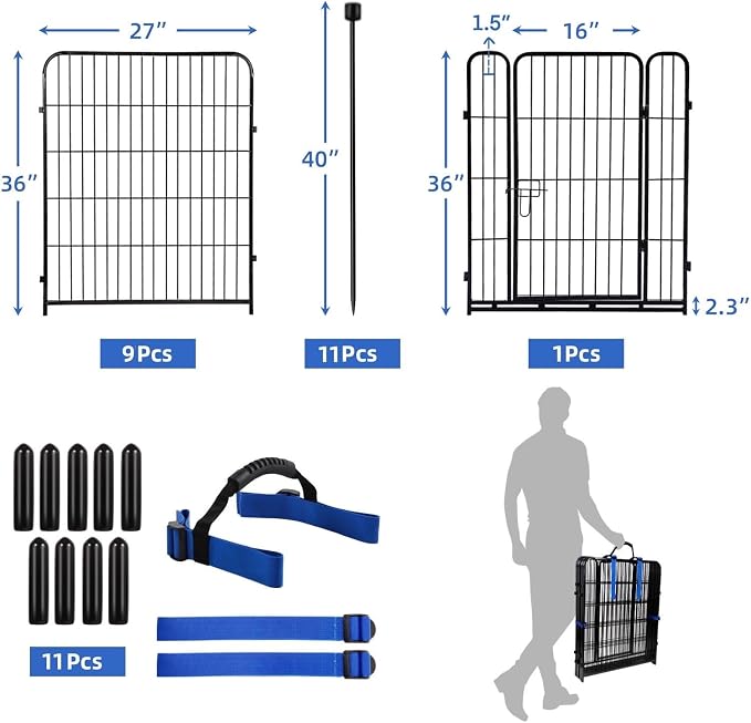 ADAVIN Metal Garden Fence with Gate, 36 in(H) 10 Panels Heavy Duty Iron Animal Barrier Fence, Indoor or Outdoor Dog Playpen, Portable Fencing, No Dig Garden Border Fencing for Yard. Total 22.1 FT(L)