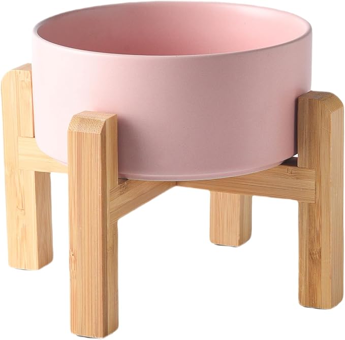 6'' Ceramic Raised Dog Bowl - 30Oz Dog Food & Water Bowl with Elevated Non-Slip Bamboo Stand, Dishwasher & Microwave Safe, Anti Vomiting Heavy Duty Pet Bowl for Small and Medium Dogs, Pink
