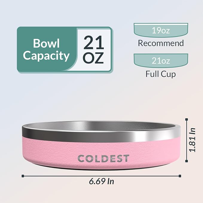 Coldest Dog Bowl - Anti Rust Metal, Non Slip, 3 Layers Insulated Stainless Steel Dog Bowls - Spill Proof & Heavy Duty - Water Bowl for Dogs, Cats & Pets, Dish Washer Safe (21 oz,Cotton Candy Pink)