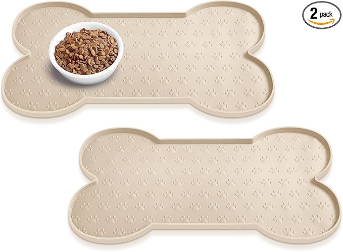 PWTAA Dog Food Mat Anti-Slip Silicone Dog Bowl Mat Thicker Pet Placemat Waterproof Cat Feeder Pad with Raised Edge Puppy Kitten Feeding Mats Suitable Small Medium-Sized Dogs Cats Eating Tray - 2PCS