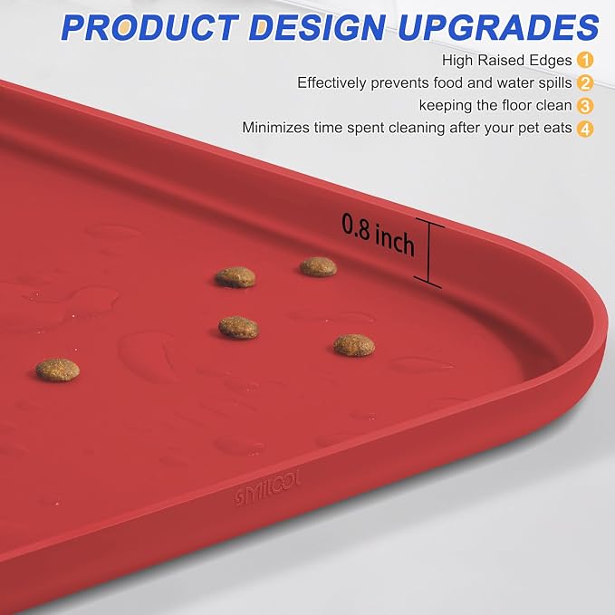 SMILOOL Silicone Pet Food Mat with Raised Edge for Food and Water Bowl, Dog Feeding Mats, Cat Food Trays for Floor Waterproof, Rubber Tray for Dogs and Cats, 22 x 14 x 0.8 Red
