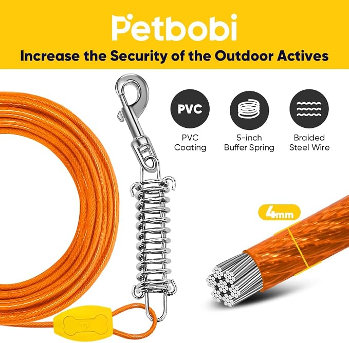 Petbobi Dog Tie Out Cable and Stake, 40ft Heavy Duty Dog Leads for Yard | 4in Shock Spring, 16in Spiral Ground Anchor, 360° No-Tangle Swivel, Chew-Proof Rustproof Wire, Up to 120 lbs, Outdoor Camping
