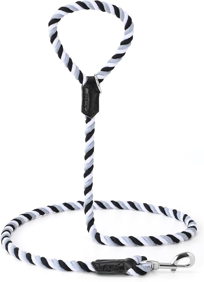 Mile High Life Rainbow Dog Leash Braided Cotton Rope w Leather-Wrapped Ends | Rust-proof 360° swivel clasp, Heavy-duty for medium/large breeds. Great for weddings, daily walks (4FT, 1/2", Black/Gray)