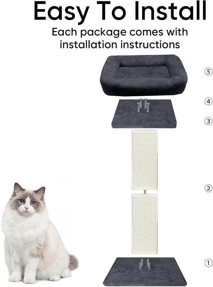 Cat Scratching Post with Plush Perch for Indoor Cats, 32 Inch | Removable & Washable Cover, Sisal Scratcher With a Large Bed, Heavy Duty Post for Cat Adults to Protect Furniture, Dark Grey