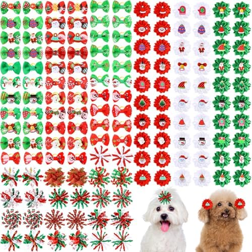 150 Pcs Christmas Dog Hair Bows Puppy Hair Bows Flower with Rubber Bands Bulk Curly Dog Accessories for Xmas Grooming Pet Favor Gift by Sunnymove