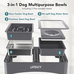 3-in-1 Elevated Dog Bowls Slow Feeder, 4 Height Adjustable Raised Dog Bowl with 2 Pcs Wooden Lids, No Spill Water Bowl Dispenser, Stainless Steel Pet Food Bowls for Medium Dogs
