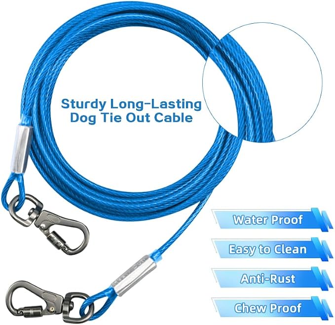 Dog Tie Out Cable - Chew Proof Steel Wire Lead - 360° Tangle Free Outdoor Leash for Pups - Dog Runner Cable for Small to Medium Dogs (Blue, 45lbs/50ft)