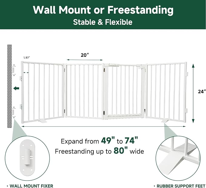 Snagle Paw Metal Freestanding Dog Gate with Door, 80” W x 24” H Dog Fence with Support Feet for Doorways, Stairs and Hallways, Portable Pet Gate for Indoor Use (4 Panel, White)
