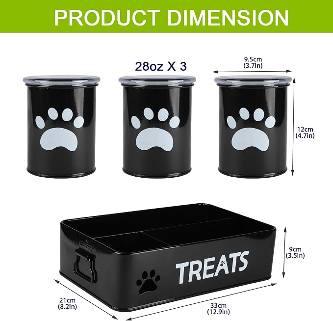 28oz Metal Dog Treat Container Set of 3,Dog Treat Jars with Airtight Lids,Cat Treat Jar,Dog Treat Canister for Countertop,Coated Galvanized Steel Dog Treats Station-Black