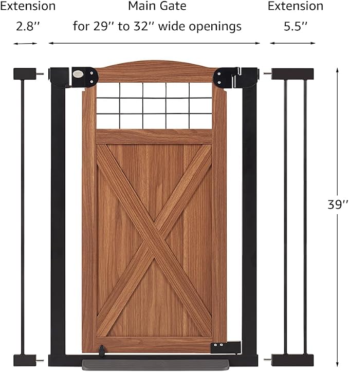 beeNbkks Farmhouse Barn Door Dog Gate, 39" Tall Anti-Trip Pet Barrier | No-Drill Pressure Mounted Pet Gate Fits 29"-40" Wide Openings, Featuring Wooden Walk-Through Door and Metal Frame