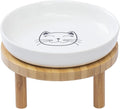 Lusifaco Shallow Wide Elevated Cat Bowls Whisker Fatigue (White,Set of 1) | 5.9 Inch 2 Height Raised Ceramic Cat Dishes with Bamboo Stand, Flat Pet Water Food Plates Feeding Station for Indoor Kitten
