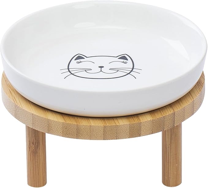 Lusifaco Shallow Wide Elevated Cat Bowls Whisker Fatigue (White,Set of 1) | 5.9 Inch 2 Height Raised Ceramic Cat Dishes with Bamboo Stand, Flat Pet Water Food Plates Feeding Station for Indoor Kitten