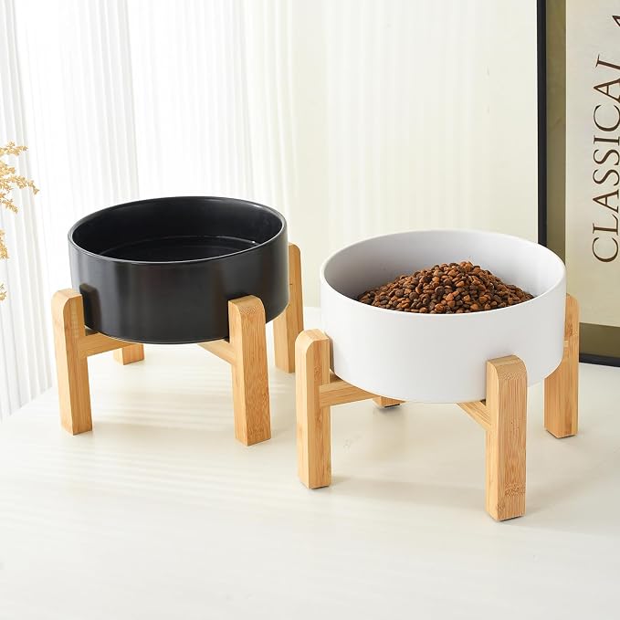 6'' Ceramic Raised Dog Bowl - 30Oz Dog Food & Water Bowl with Elevated Non-Slip Bamboo Stand, Dishwasher & Microwave Safe, Anti Vomiting Heavy Duty Pet Bowl for Small and Medium Dogs, White