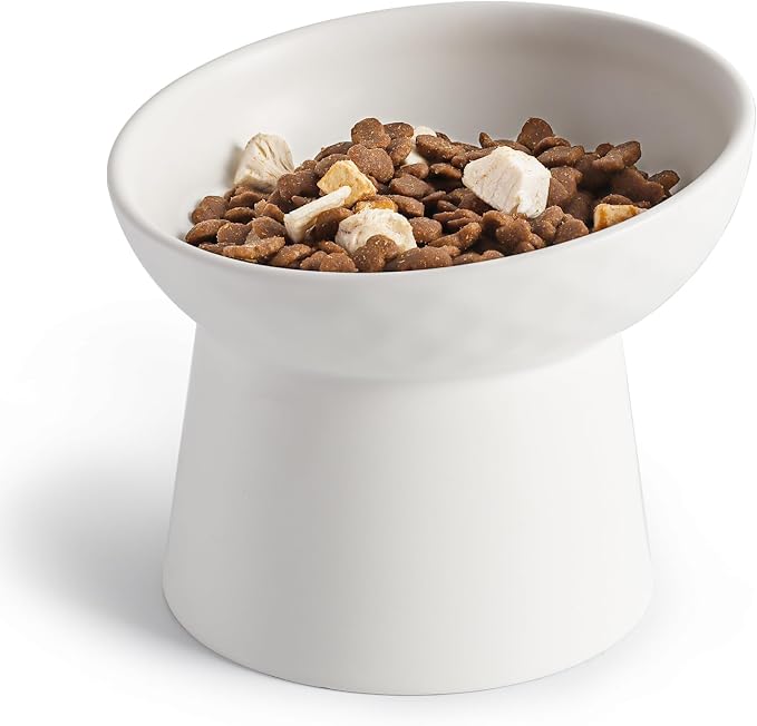 YauYik Small Raised Cat Bowls, Ceramic Tilted Elevated Food or Water Bowls, Stress Free, Backflow Prevention, Dishwasher & Microwave Safe, Lead & Cadmium Free, White