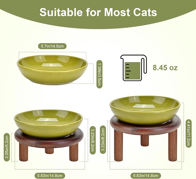 SPUNKYJUNKY Extra Wide Elevated Ceramic Cat Bowl with Acacia Wood Stand Whisker Friendly (Cat Paw Pattern, 2 Pack, Green)