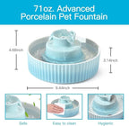 2.1L Ceramic Cat Water Fountain-for Cats and Dogs, 360 Ceramic Pet Fountain-70 Oz Large Water Capacity - Whisper-Quiet Water Flow-Great for Shy or Timid Pets - Fresh, Filtered Water (Blue)