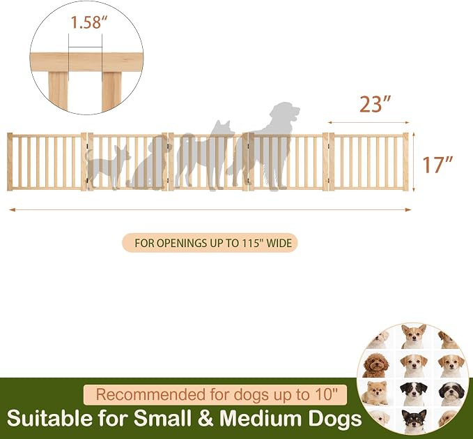 Wooden Freestanding Dog Gate Indoor- 16.9" H 5 Panels | No-Painted Foldable Dog Gates, Portable Doggy Gate for Stairs Doorways Hallways