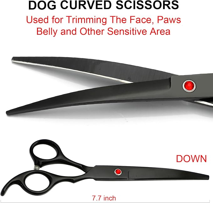 TINMARDA Dog Grooming Kit, Titanium Black Stainless Steel Dog Grooming Scissors with Curved Shears, Black Finger Rings - 4 Piece Sharp Durable Pet Shears for Dogs Cats At Home Salon-Quality Grooming