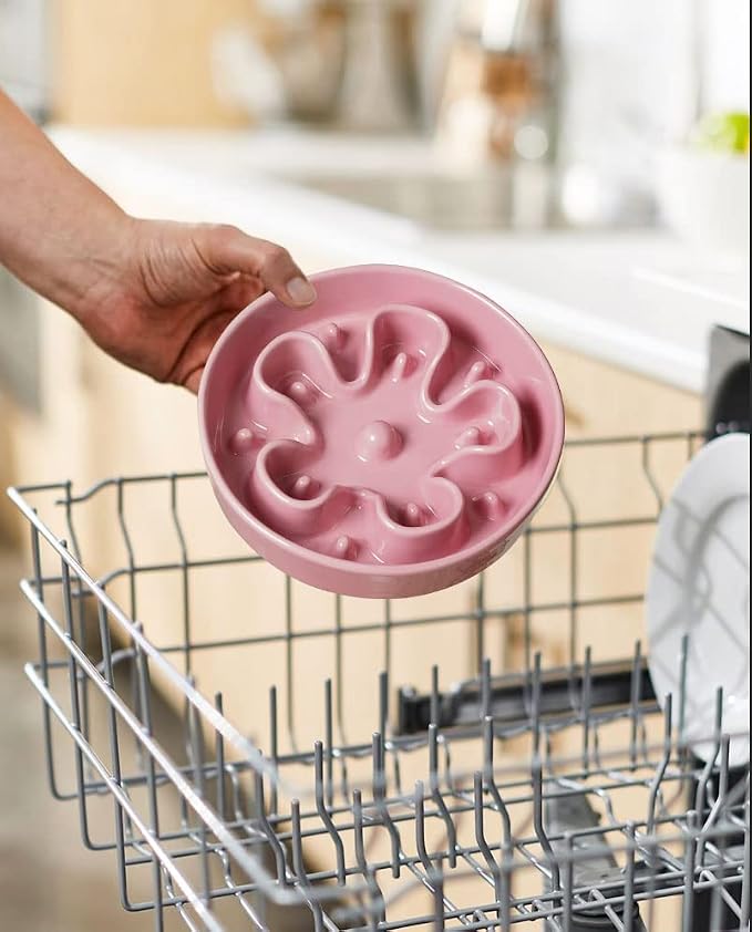LE TAUCI Slow Feeder Dog Bowls Ceramic, 1.5 Cups Dog Food Bowl, Puppy Slow Feeder Dish for Fast Eaters,Pink Bloom
