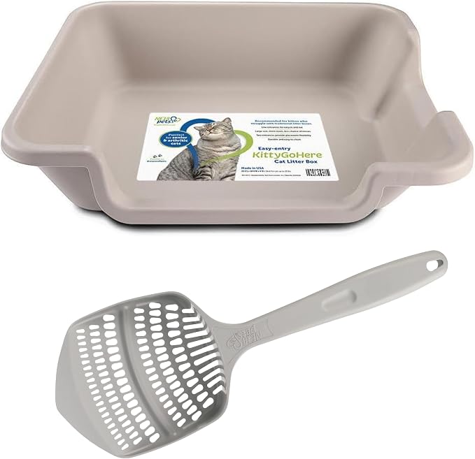 KittyGoHere 2.0 Easy Entry Cat Litter Box with Scoop, Large Misty Gray | Large Open - Top Low Entrance Litter Pan With Higher Sides & Durable Long-handle Jumbo Scoop for Easy Cleaning, Made in USA