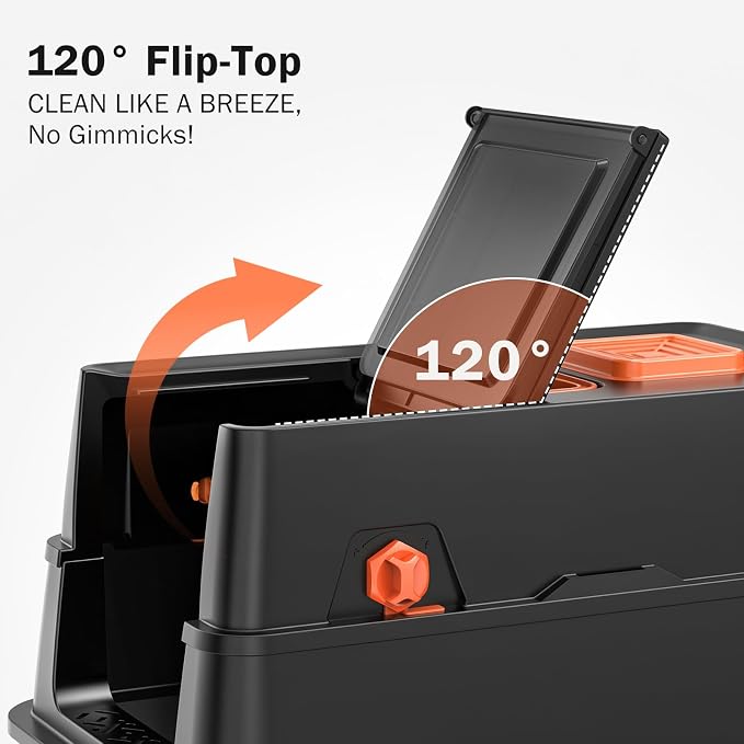 Stainless Steel Litter Box with Lid, Enclosed Metal Cat Litter Box with 120° Flip-Top & Built-in Handle, Easy Clean High-Sided Cat Pan with Cat Scoop Holder for Odor Control,Leak-Proof,Black
