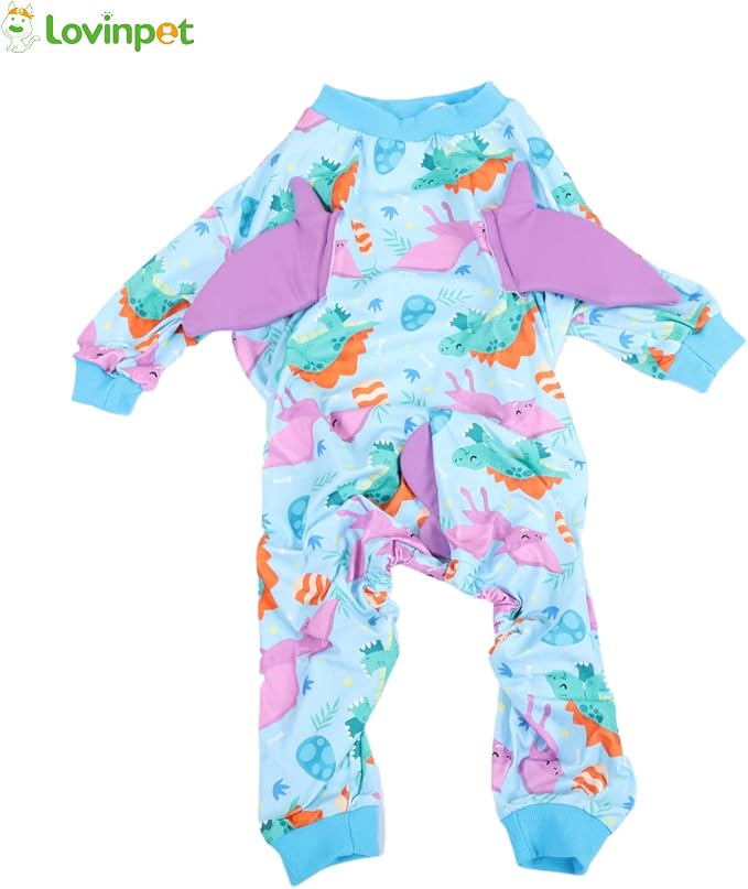 LovinPet Large Dog Pajamas, Four-Leg Stretch Onesie Bodysuit, Lightweight UV-Shielding Pajamas, Anti-Lick Calming Recovery Suit for Surgery, 3D Dino Wing Design with Soft Spikes， Blue Purple， M