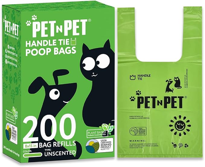 Pet N Pet 200 Counts Unscented Dog Poop Bags with Tie Handles, 41% Plant Based & 59% PE Poop Bags for Dogs, Extra-Thick Doggie Poo Bag, Pet Waste Bag
