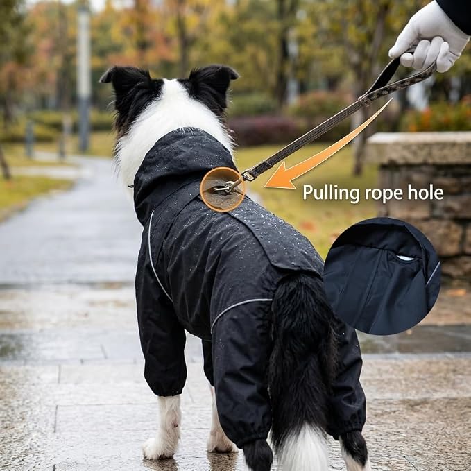 Dog Raincoat for Medium Large Dogs,rain Jacket Coat, Full Leg Coverage Waterproof Rain Suit with Detachable Hood & Tail, Reflective Strips, Snag-Free Top Zipper (Black for Boy, XX-Small)