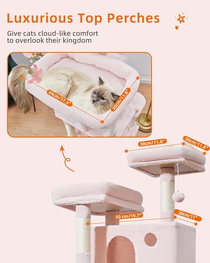 Taoqimiao Cat Tree, 71 in Extra Large Cat Tower for Inddor Cats, MS026LP | 2 Large Cat Condos, 2 Cute Perches, Metal Frame Cozy Hammock, Durable Scratch Board, 8 Natural Sisal Posts, Basket, Pink