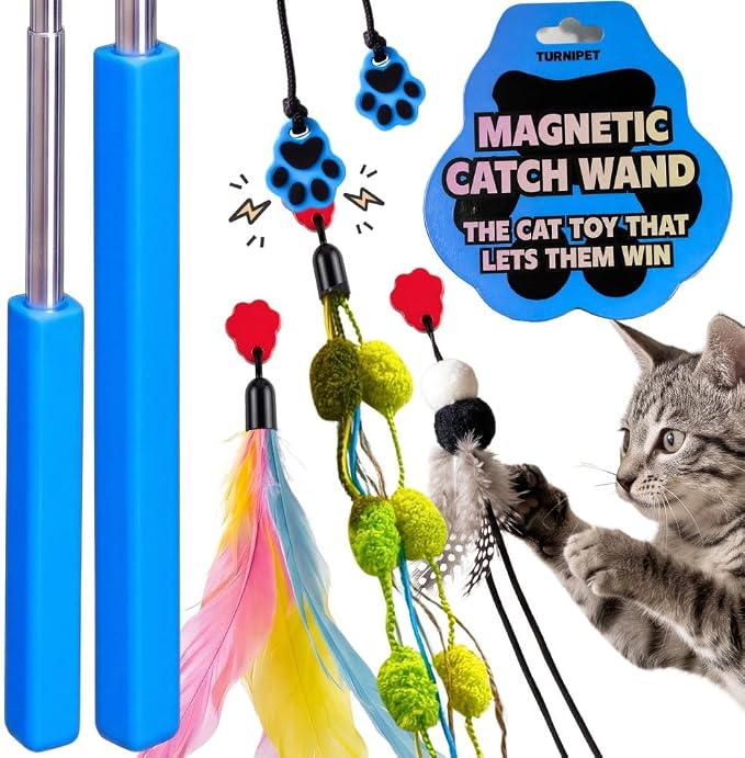 Magnetic Catch Wand V2 (Multi 24" & 40") Cat Toy - Interactive Telescoping Wands for Indoor Cats and Kittens, Stronger Magnetic Catch Durable Paracord, 3 Toy Attachments, (Multi 24" & 40")