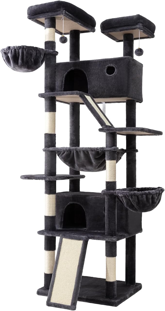 SHA CERLIN 81in Multi-Level Tall Cat Tree Tower for Indoor Kitties/Larger Cat Condo Furniture with Hammock/Cozy Pussycat Perches/Sisal Scratching Posts/Pet House/Wide Base/Dark Grey