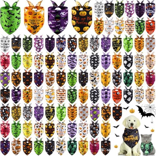 Huhumy 100 Pcs Halloween Dog Bandanas Bulk Pet Scarf Bibs Neckerchief Decor by Huhumy