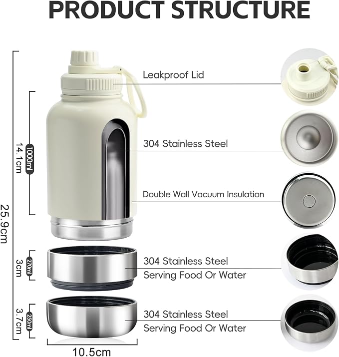 3 in 1 Insulated Stainless Steel Dog & Human Water Bottle | Leakproof Travel Dispenser with 2 Detachable 8.5 oz Bowl, 24H Cold/12H Hot, Carrying Case for Walking, Hiking,Camping & Outdoor Travel