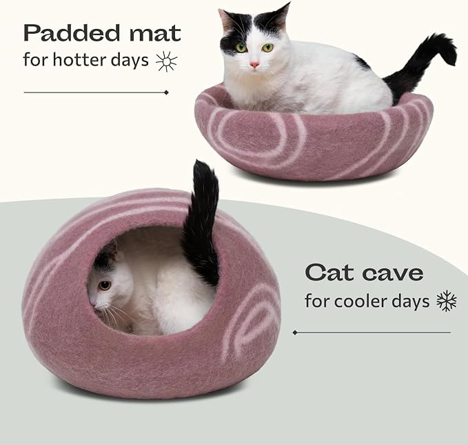 MEOWFIA Cat Cave – Premium Felt Cat Bed Enclosure for Indoor Cats, Handmade Merino Wool (Rose Gold, Large)