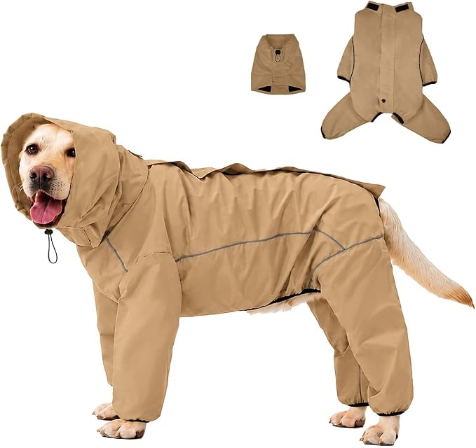 ADINIKIA Dog Raincoat,Waterproof Rain Jacket with Removable Hood,Khaki 3XL | Leash Hole/ Reflective Stripe/Adjustable 4 Legs Rainsuit/Full Coverage/ Snowproof Windproof/ For Small to 3X-Large Dogs