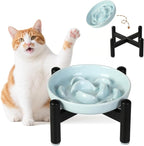 Elevated Ceramic Slow Feeder Cat Bowl, 6.3'' Wide Whisker Friendly | Slow Eating 5x, Anti Vomit Shallow Slow Eating Cat Dish, 3.9" H Raised Cat Puzzle Feeder for Dry and Wet Food, 6.3" X 1.2"