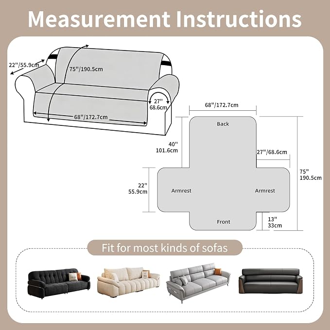 100% Waterproof Couch Cover for Dogs with Non-Slip & Side Pockets 68", Furniture Protector Sofa Covers, Washable Cushion Covers for Pets Kids Cat-3 Cushion Couch Darkgrey