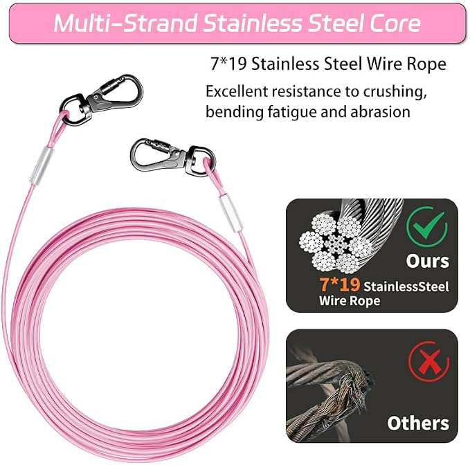 Dog Tie Out Cable - Chew Proof Steel Wire Lead - 360° Tangle Free Outdoor Leash for Pups - Dog Runner Cable for Small to Medium Dogs (Pink, 45lbs/30ft)