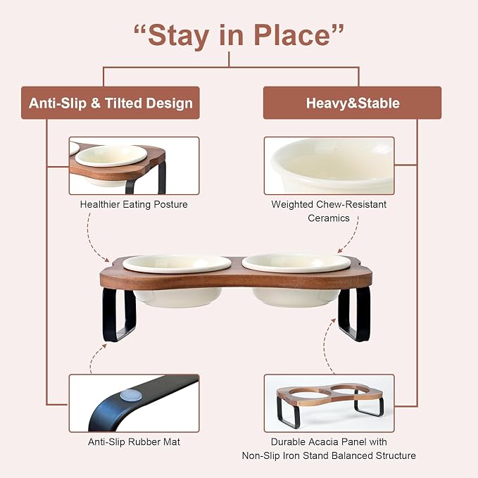 SPUNKYJUNKY Ceramic Elevated Tilted Dog Bowls Bone-Shaped Raised with 2 Height Iron Stand, 5.9'' Dog and Cat Food Water Bowls Set Non-Slip for Small Sized Breed - 13.5 OZ,Beige