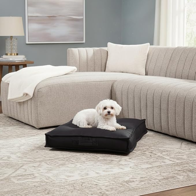 Indoor Dog Bed with Removable Washable Cover, Soft Basketweave Fabric, Reversible Cushion, Carry Handle, Baffle Construction to Help Prevent Fill Shifting, Black - Small (24"x24")
