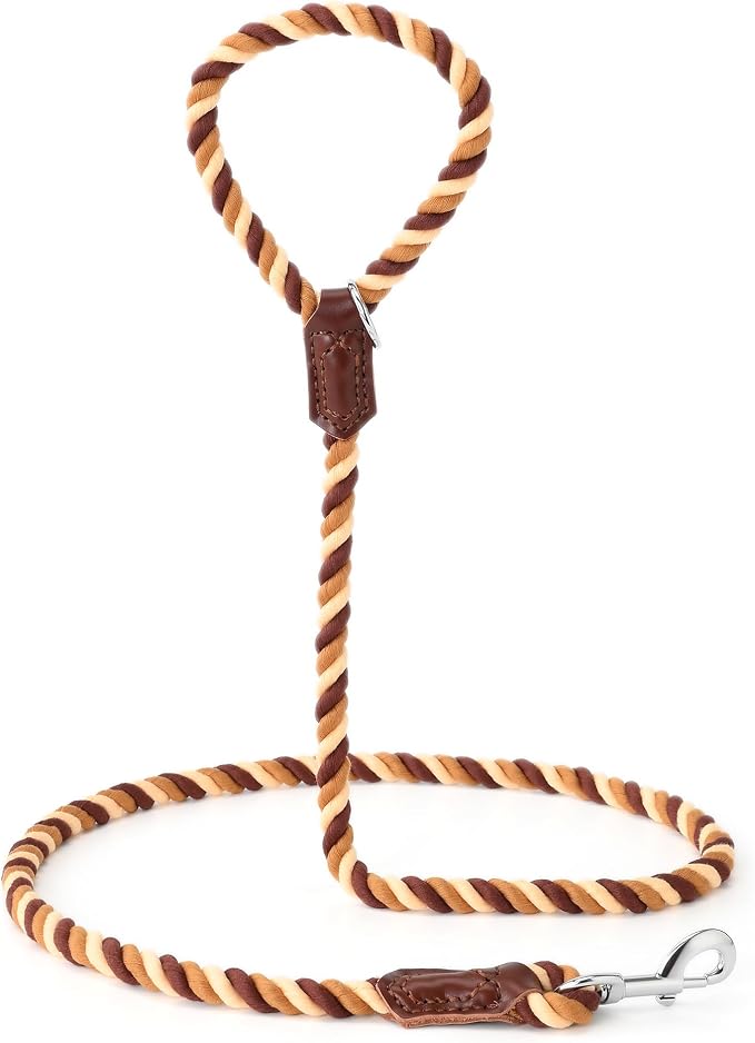 Mile High Life Rainbow Dog Leash Braided Cotton Rope w Leather-Wrapped Ends | Rust-proof 360° swivel clasp, Heavy-duty for medium/large breeds. Great for weddings, daily walks (5FT, 1/2", Brown Gradient)