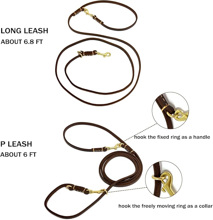Multi Function 8ft Genuine Leather Hands Free Dog Training Leash for Puppy Small and Medium Dogs (8 Foot*3/8 inch, Brown)