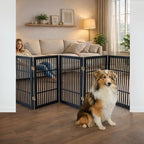 Urnporium Pet Dog Gate Freestanding, Strong Durable Folding Wooden Fence, Portable Acacia Hardwood Safety Barrier for Indoor & Outdoor Use (Black Pet Gate, 5 Panel 30" Tall)