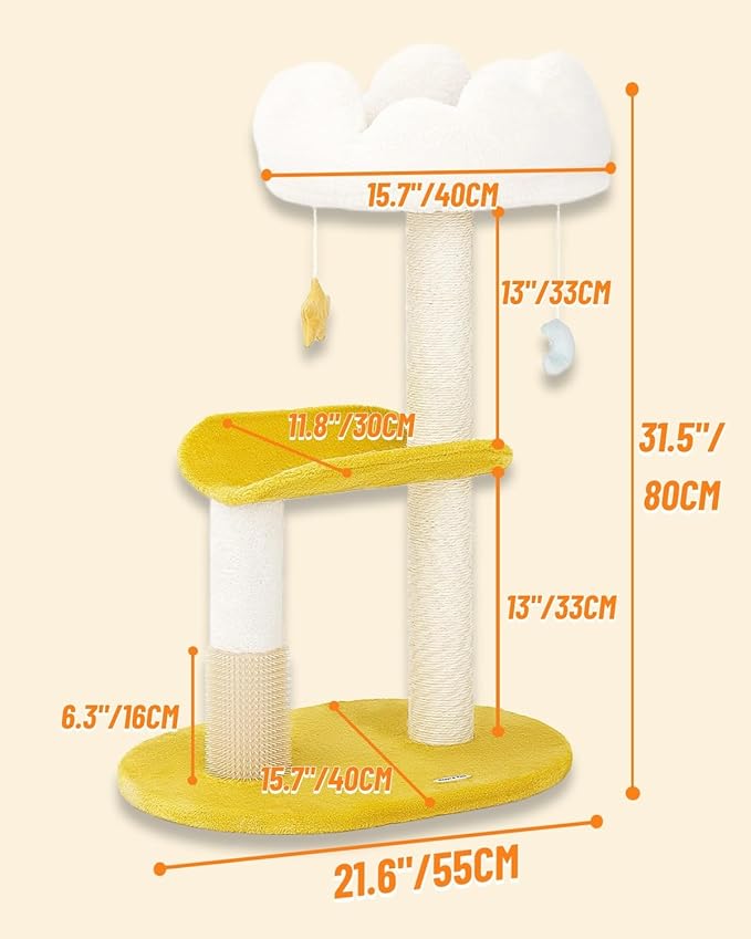 Happi N Pets Cloud Cat Tree, 31.5in Multi-Level Indoor Cat Tower with Scratching Posts, Viewing Perch, Removable & Washable Cushions, Cat Activity Tree with Dangling Toy | Removable & Washable Cat Bed, Cat Activity Tree, Cute Dangling Toys, Easy To Cle...