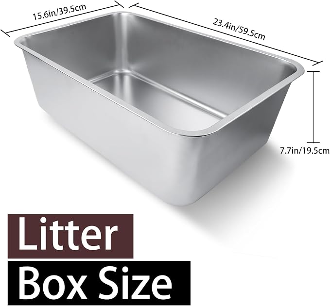 Stainless Steel Cat Litter Box, 23.6"x15.8"x8" | For Adult Cats or Kitty/Kitten Rust-Proof, High Side, Non Stick, No Smell, Easy to Clean Metal Cat Litter Box