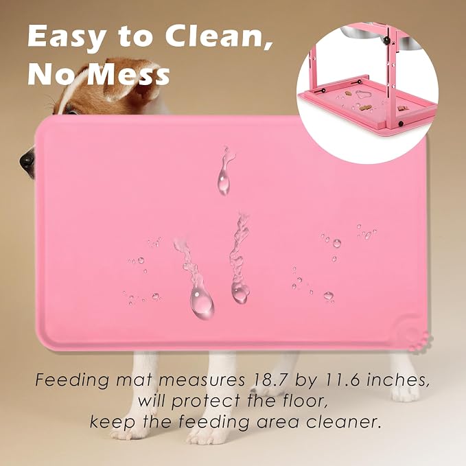 SHAINFUN Pink Elevated Dog Bowl Stand with Two 1700ml Stainless Steel Food Bowls, Slow Feeder and Spill Proof Mat, Adjustable Feeder for Large, Medium and Small Dogs