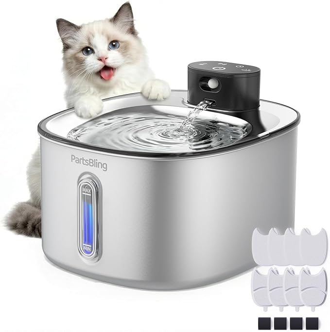 PartsBling Stainless Steel Cat Water Fountain, 4.2L/142 oz | Cordless Pet Water Fountain with Sensor, 5000mAh Rechargeable Battery, Ultra Quiet, 4 Filters, for Cats & Small Dogs, Black