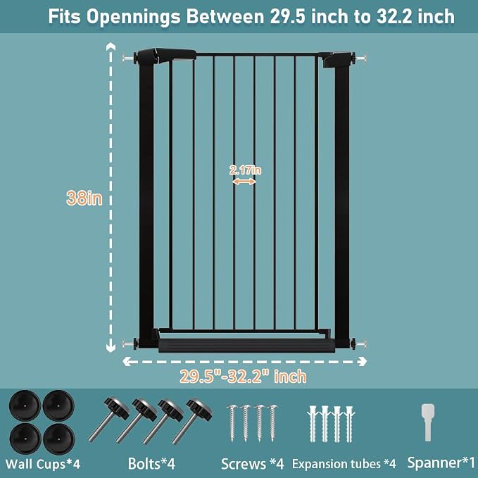 Fairy Baby 38" Extra Tall Baby Gate No Drill, 29.5"-32.2" Extra Wide Wide Dog Gate Indoor, Metal Pressure Mounted Safety Child Kid Gate, Auto Close Pet Puppy Cat Proof Gate for Stairs Doorway, Black